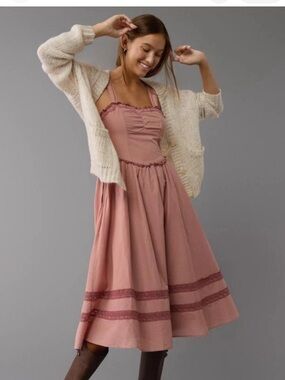 American Eagle Corset V- Waist Dusty Rose Midi Dress size Small NWT